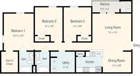 Floor plan for 3 beds, 2 baths, 1274 sqft